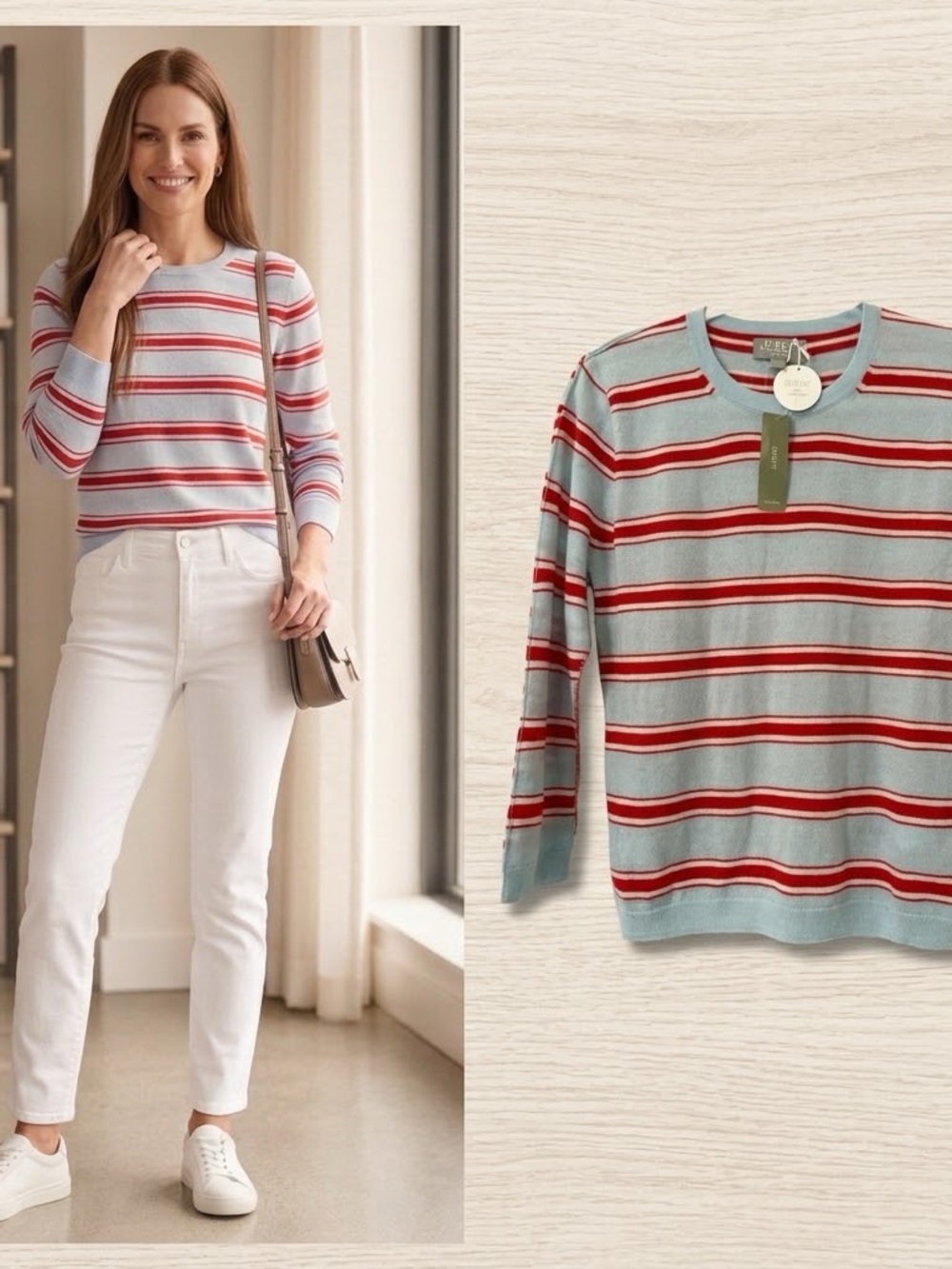 NWT J.Crew 100% Cashmere Striped Sweater Light Blue Red Crewneck Size XS